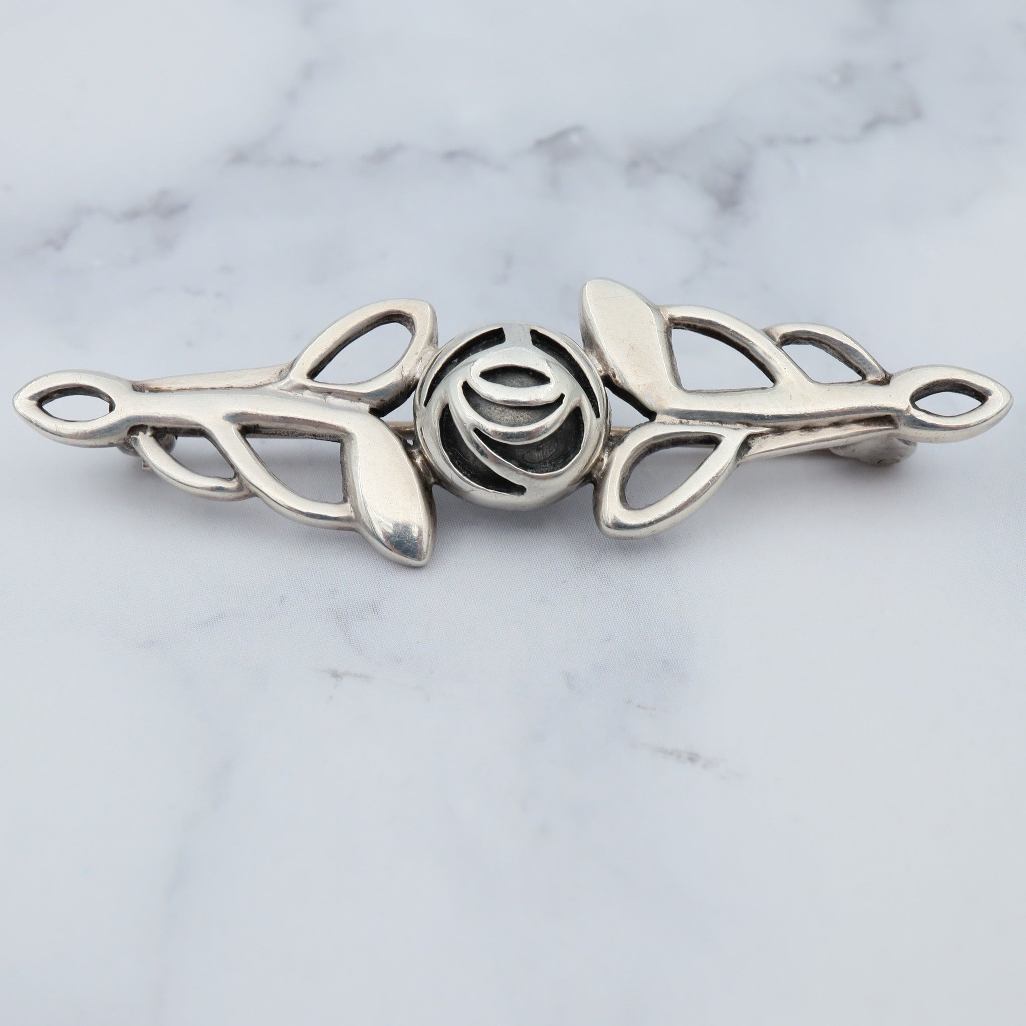 Vintage sterling Celtic rose bar brooch